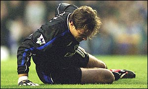 2001 - Bosnich lies injured on his seventh and last appearance for Chelsea